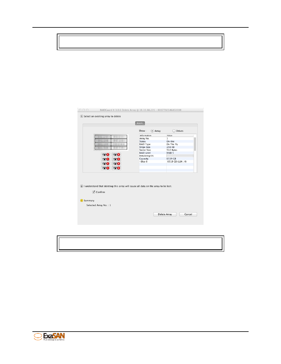 Figure 51: gui “delete array | Accusys ExaSAN B08S2-PS User Manual | Page 65 / 103