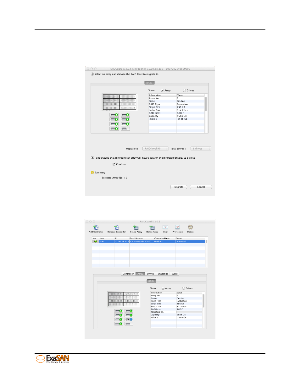 Figure 77: gui “migration, Figure 78: gui “migration percentage | Accusys ExaSAN B08S2-PS User Manual | Page 85 / 103