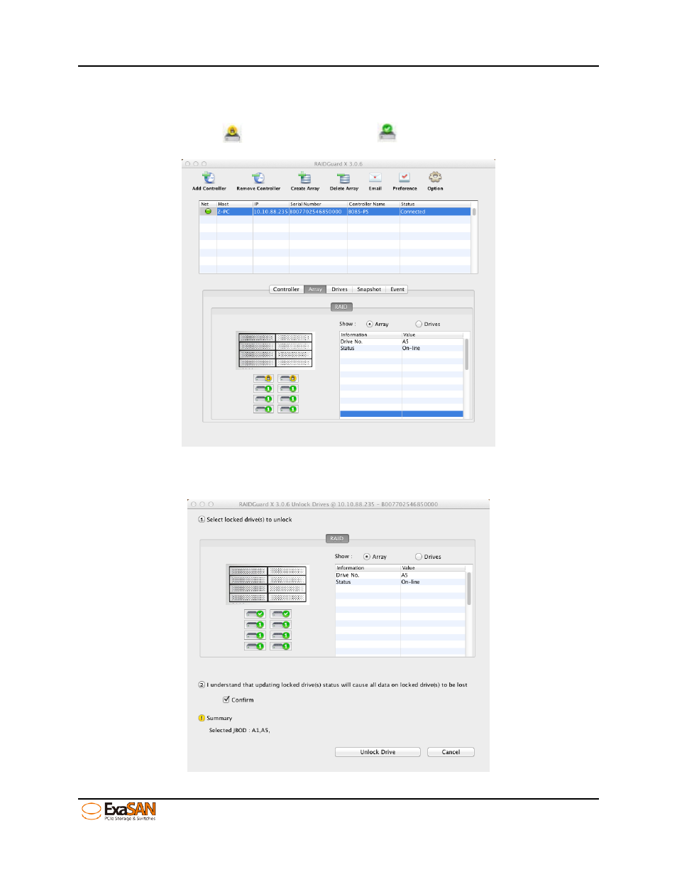 Figure 85: gui “hdd locked, Figure 86: gui “unlock hdds | Accusys ExaSAN B08S2-PS User Manual | Page 92 / 103