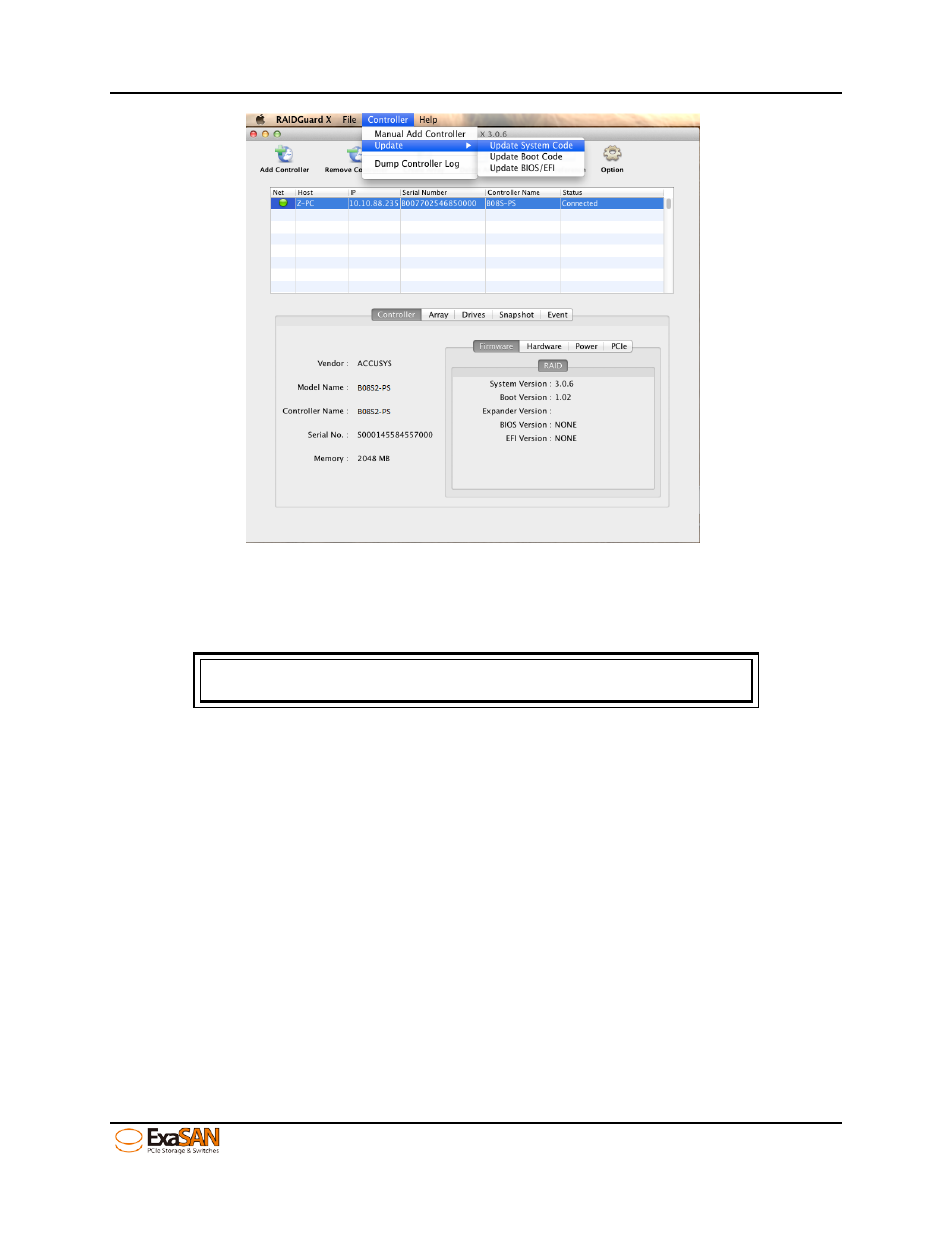 Figure 87: gui “update system code (firmware) | Accusys ExaSAN B08S2-PS User Manual | Page 94 / 103