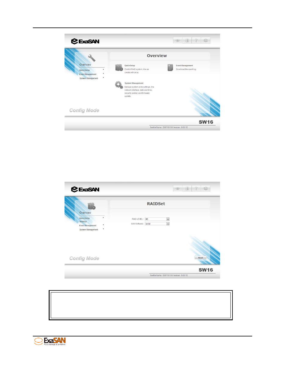 2 creating arrays by sw16 – “quick setup, Creating arrays by sw16 – “quick setup, Figure 38: overview menu of exasan switch web gui | Accusys ExaSAN SW16 User Manual | Page 51 / 104
