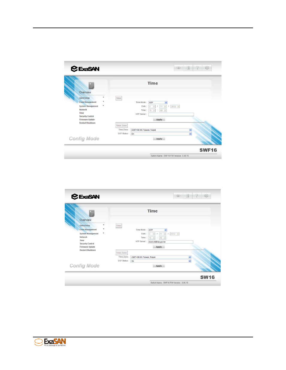 2 ntp, Figure 52: “time” - ntp, Figure 53: “time” – setup ntp server | Accusys ExaSAN SW16 User Manual | Page 59 / 104