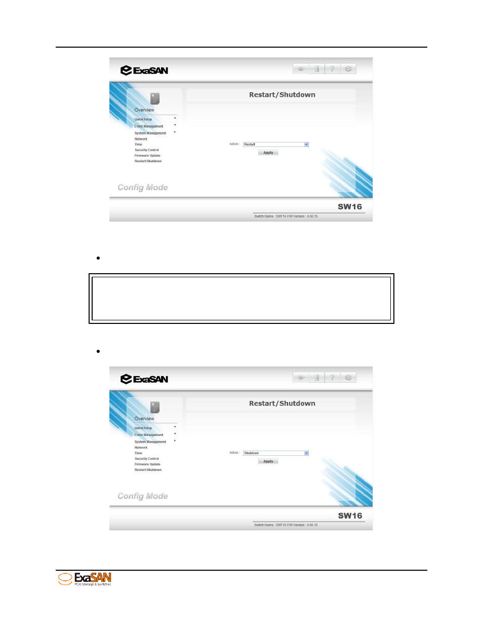 Figure 64: restart, Figure 65: shutdown | Accusys ExaSAN SW16 User Manual | Page 64 / 104