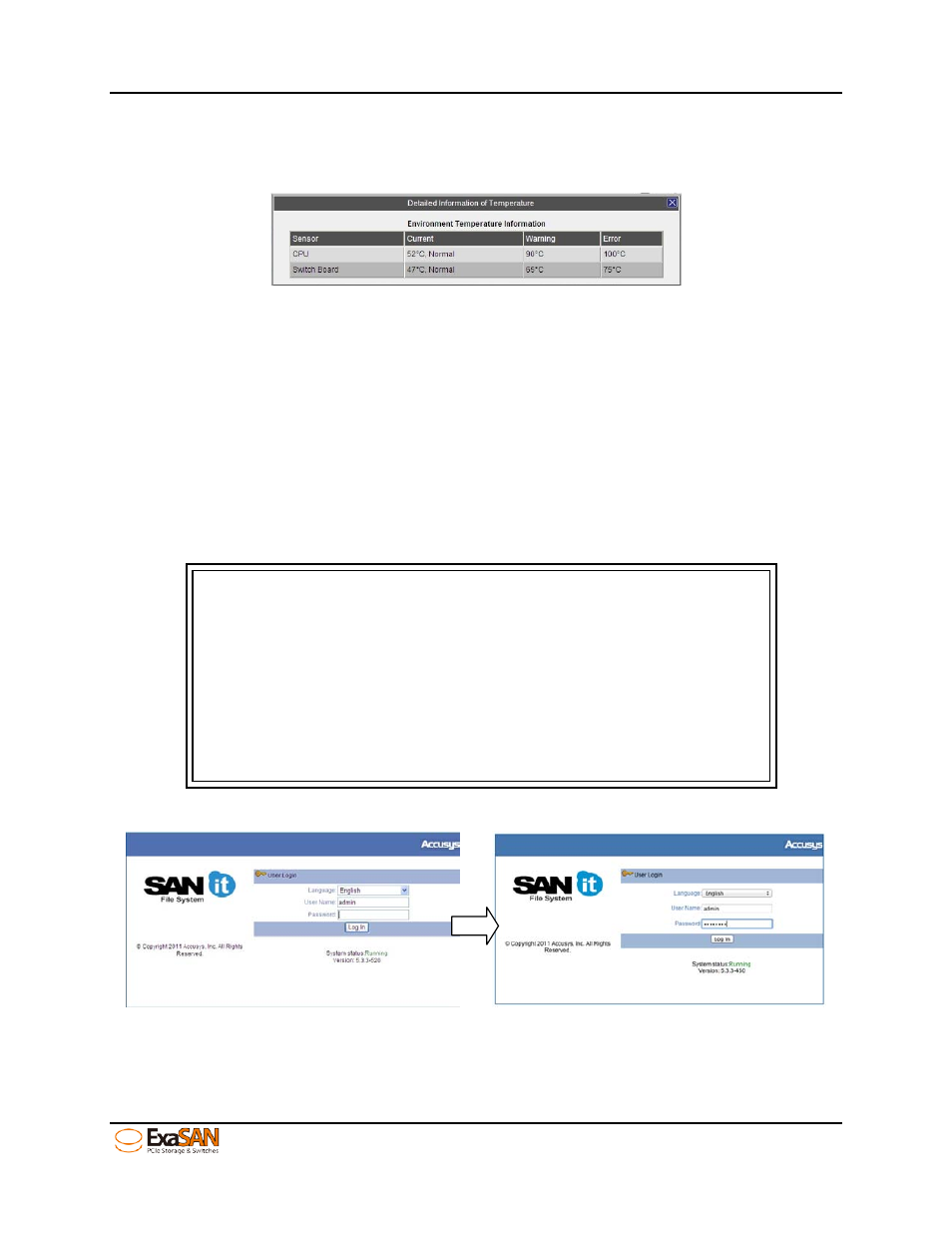 6 san management software configuration - sanit fs, San management software configuration - sanit fs, Figure 69: fan speed and status | Figure 70: temperature, Figure 71: login sanit fs | Accusys ExaSAN SW16 User Manual | Page 67 / 104
