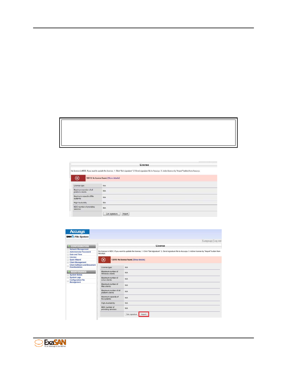 1 import license, 1 trial version of sanit, Import license | Trial version of sanit | Accusys ExaSAN SW16 User Manual | Page 68 / 104