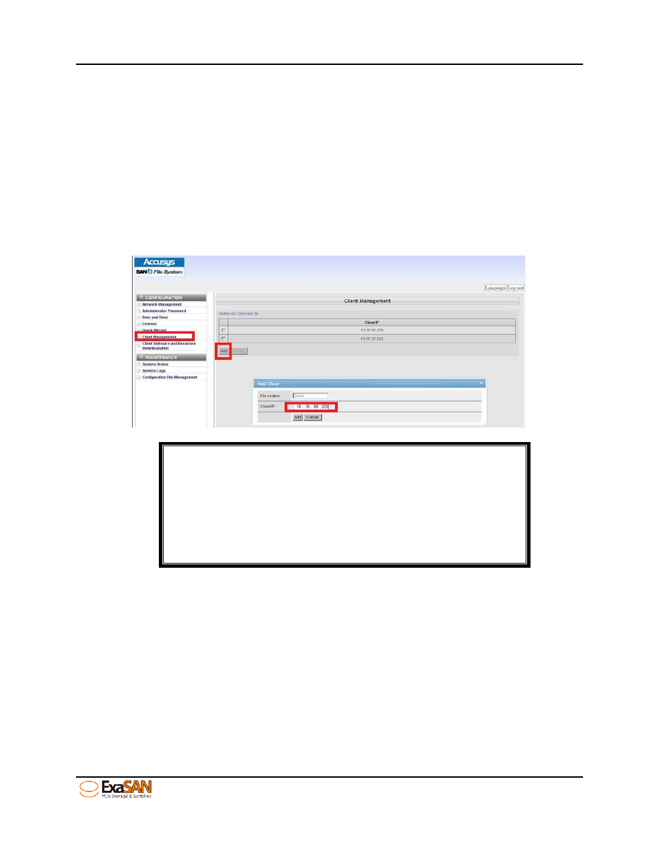 4 add san client ip on sanit (sw16 side), 5 add clients (client side), Add san client ip on sanit (sw16 side) | Add clients (client side) | Accusys ExaSAN SW16 User Manual | Page 75 / 104