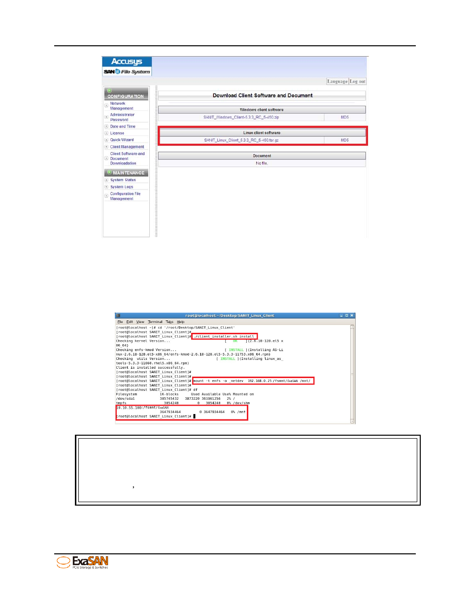 Install and configure sanit linux client software | Accusys ExaSAN SW16 User Manual | Page 94 / 104