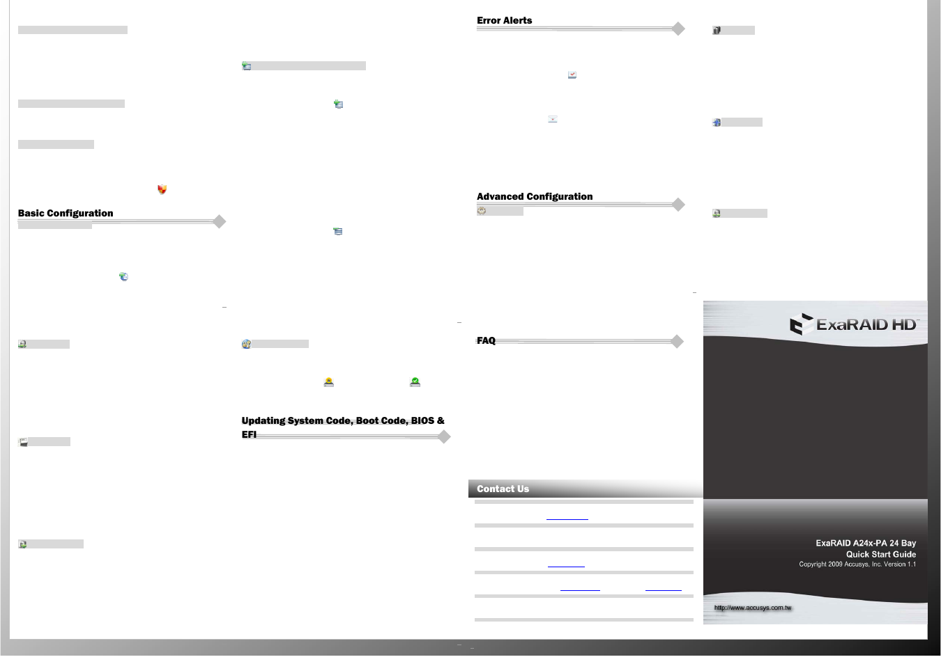 Error alerts, Advanced configuration, Basic configuration | Updating system code, boot code, bios & efi, Contact us | Accusys ExaRAID A24x-PA User Manual | Page 2 / 2