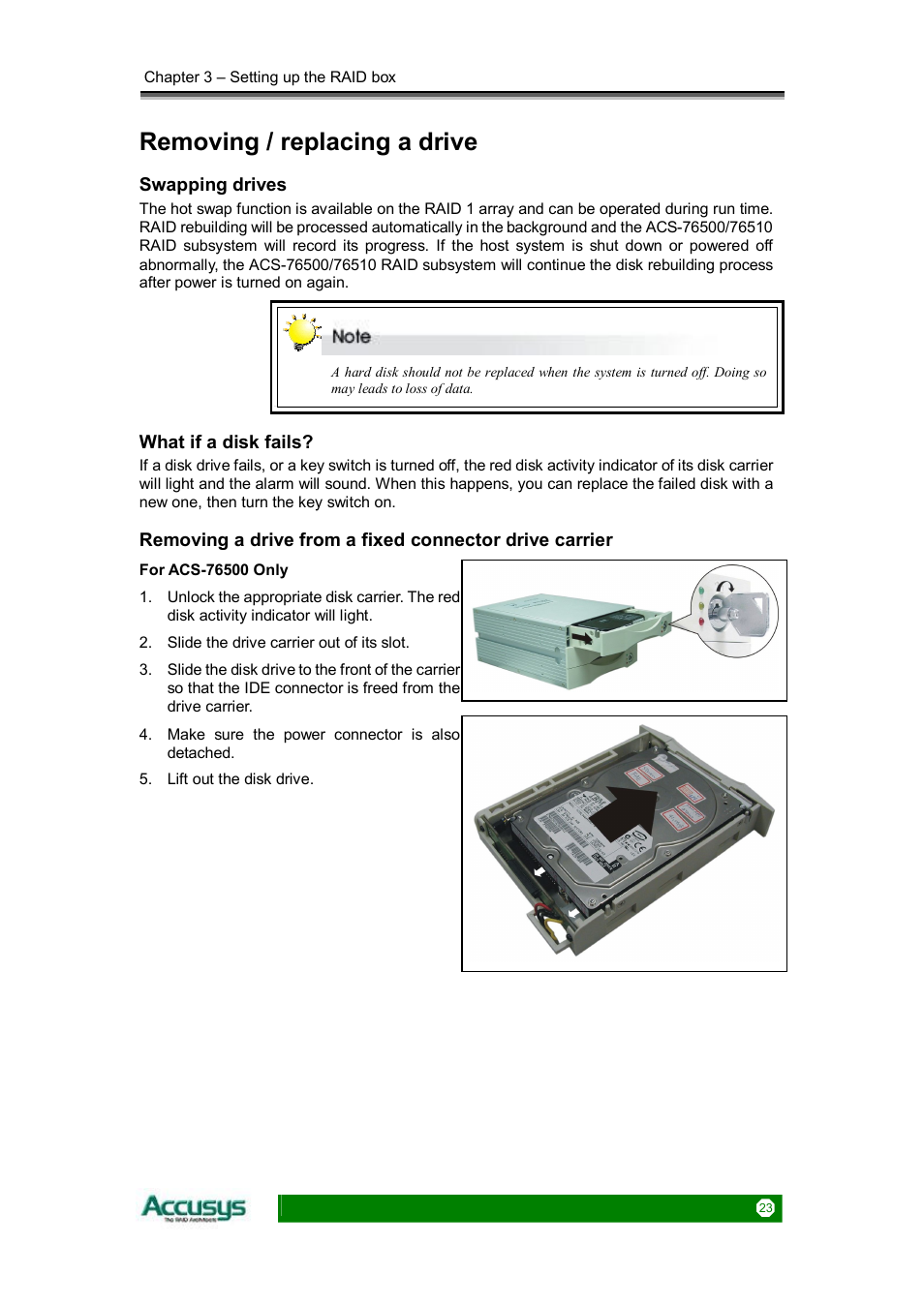 Removing / replacing a drive | Accusys ACS-76510 User Manual | Page 23 / 34