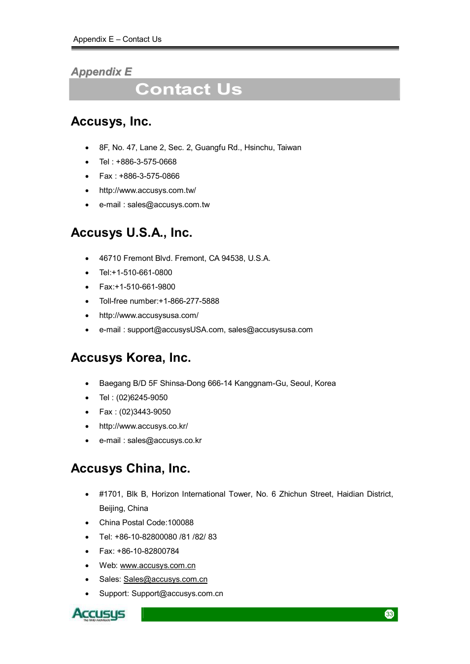 Accusys, inc, Accusys u.s.a., inc, Accusys korea, inc | Accusys china, inc | Accusys ACS-76510 User Manual | Page 33 / 34