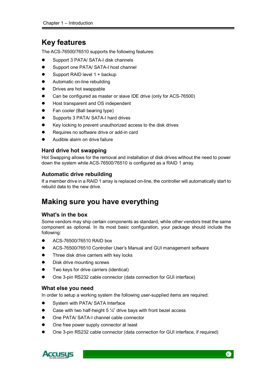 Key features, Making sure you have everything | Accusys ACS-76510 User Manual | Page 9 / 34