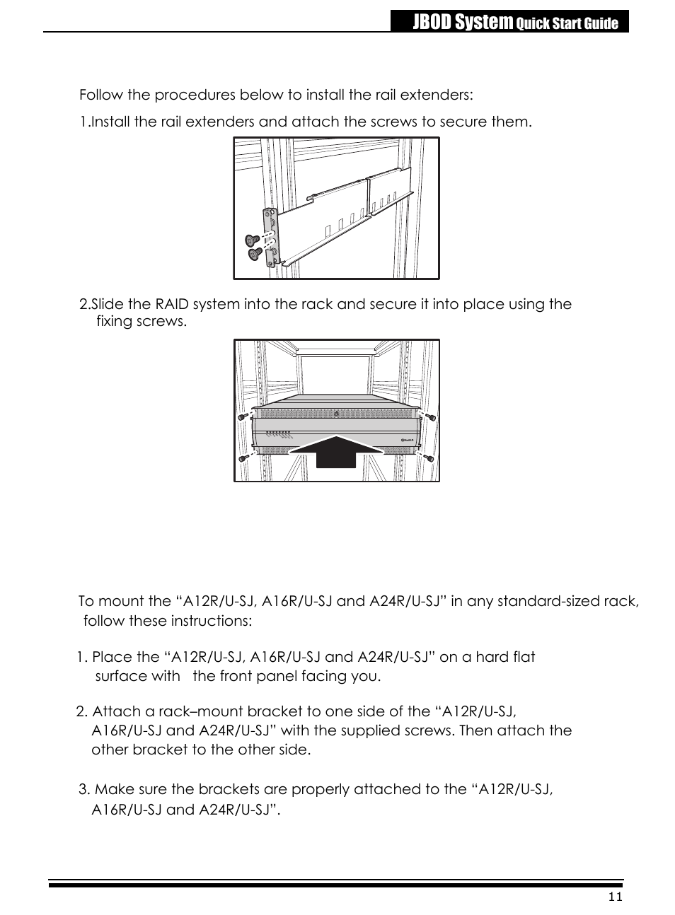 Using the rail extenders, Jbod system, Rack-mount instruction | Quick start guide | Accusys ExaRAID A24U-SJ User Manual | Page 13 / 34