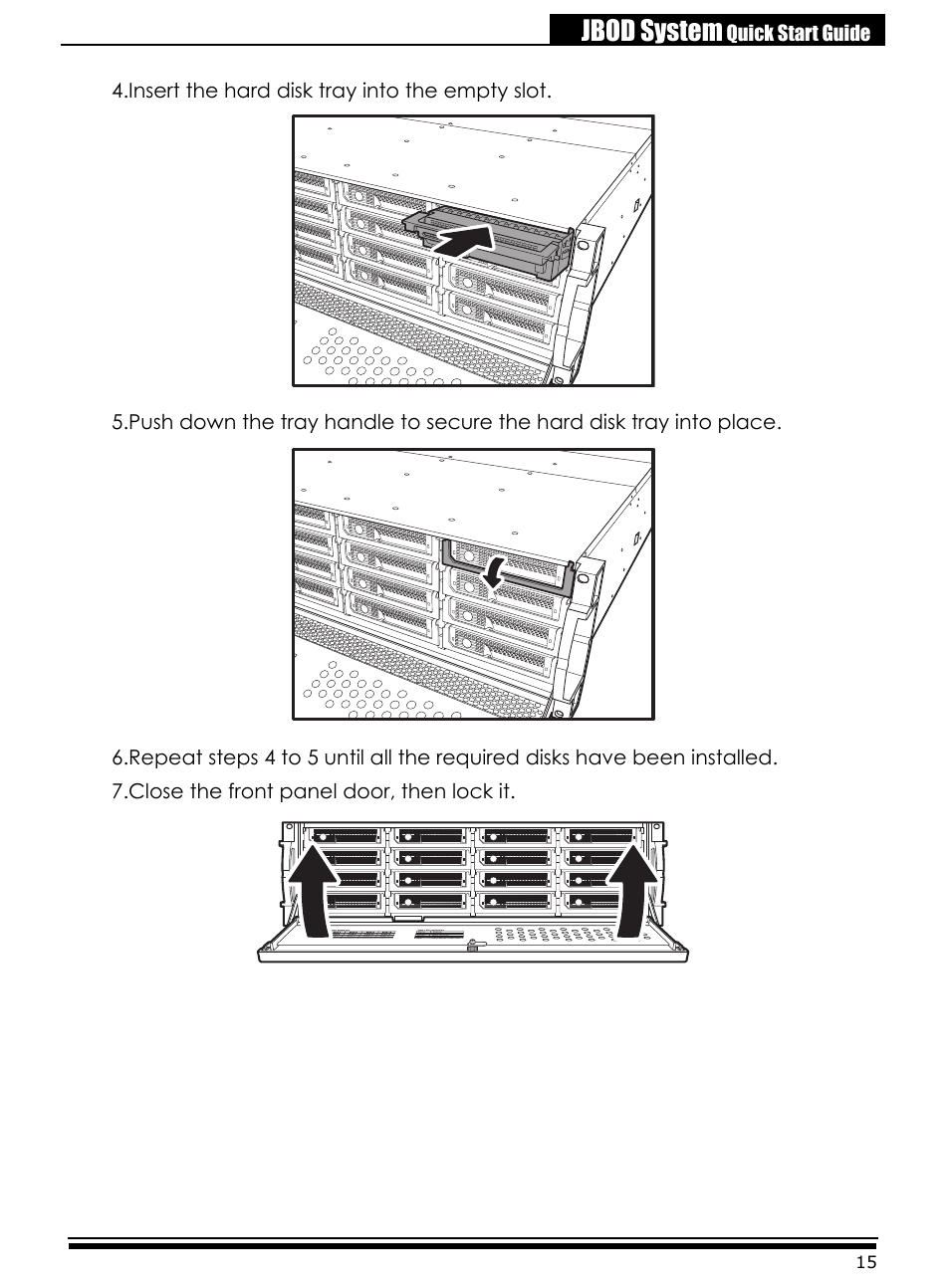 Insert the hard disk tray into the empty slot, Close the front panel door, then lock it, Jbod system | Accusys ExaRAID A24U-SJ User Manual | Page 17 / 34