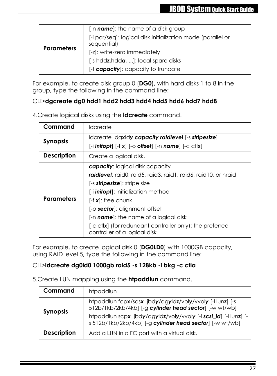 Create logical disks using the ldcreate command, Create lun mapping using the htpaddlun command, Jbod system | Accusys ExaRAID A24U-SJ User Manual | Page 29 / 34