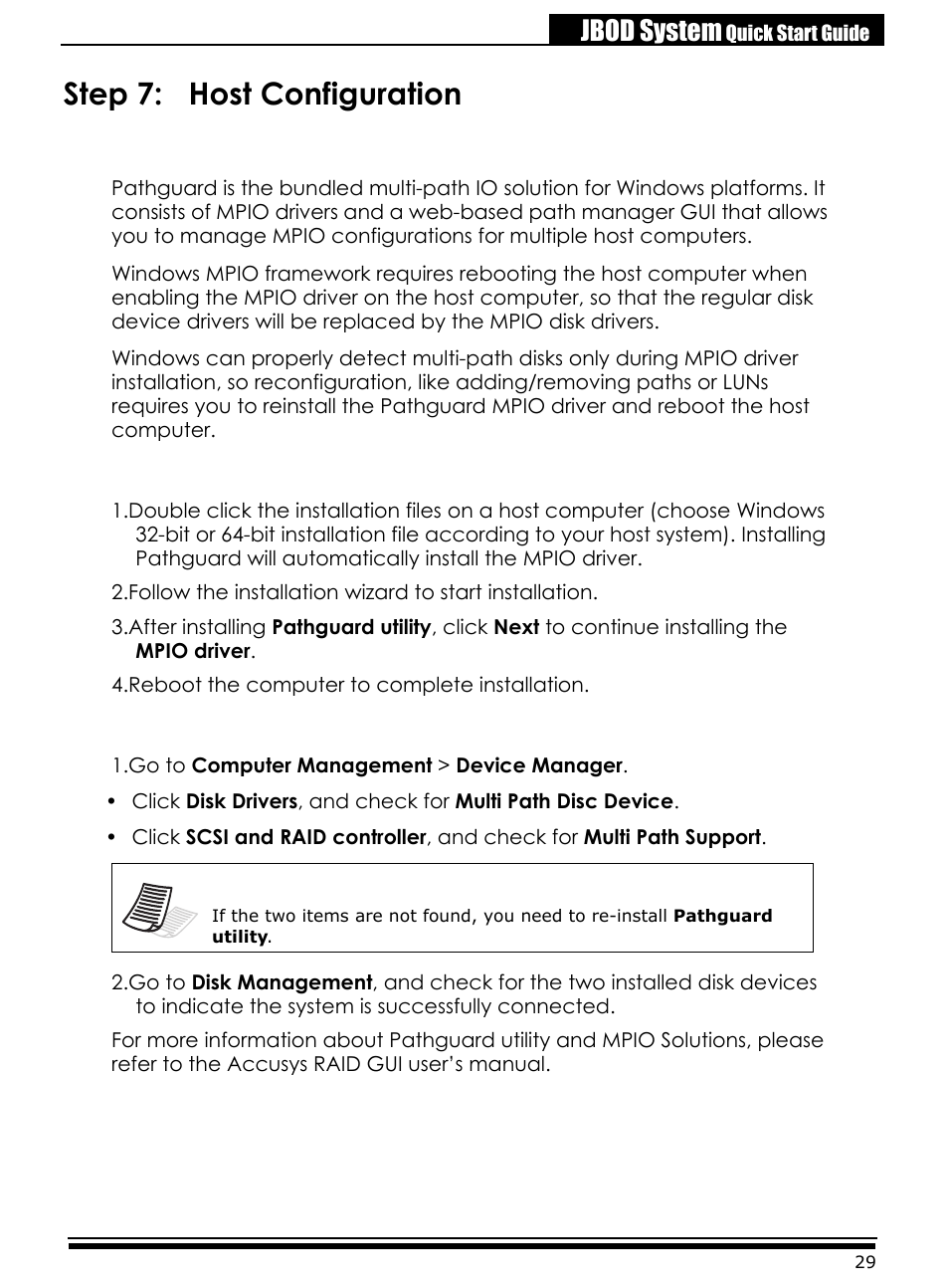 Step 7: host configuration, Windows multi-path solution: pathguard, To install pathguard | Reboot the computer to complete installation, To check disk configuration, Go to computer management > device manager, Jbod system | Accusys ExaRAID A24U-SJ User Manual | Page 31 / 34