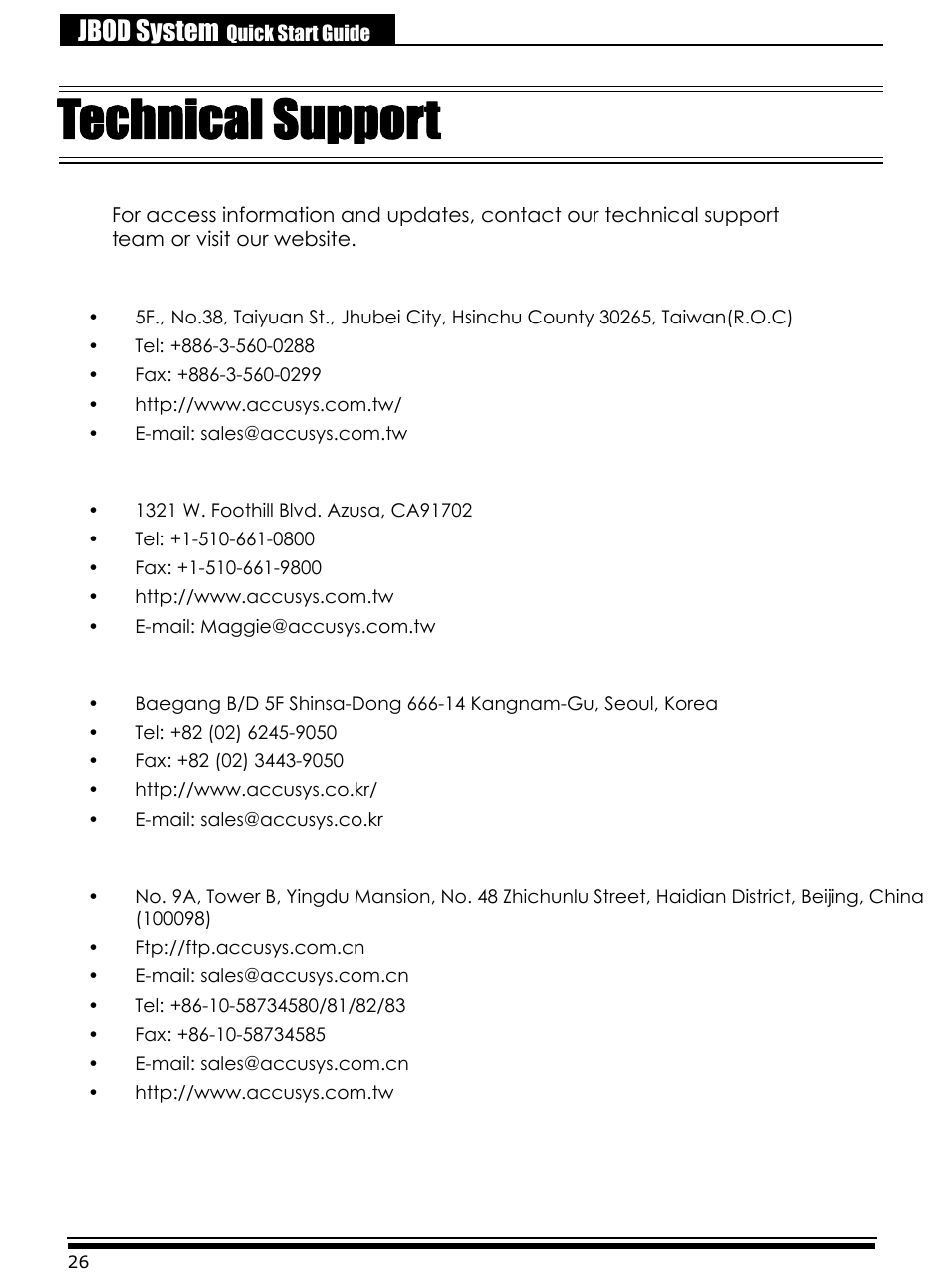 Technical support, Jbod system | Accusys ExaRAID A24U-SJ User Manual | Page 33 / 34