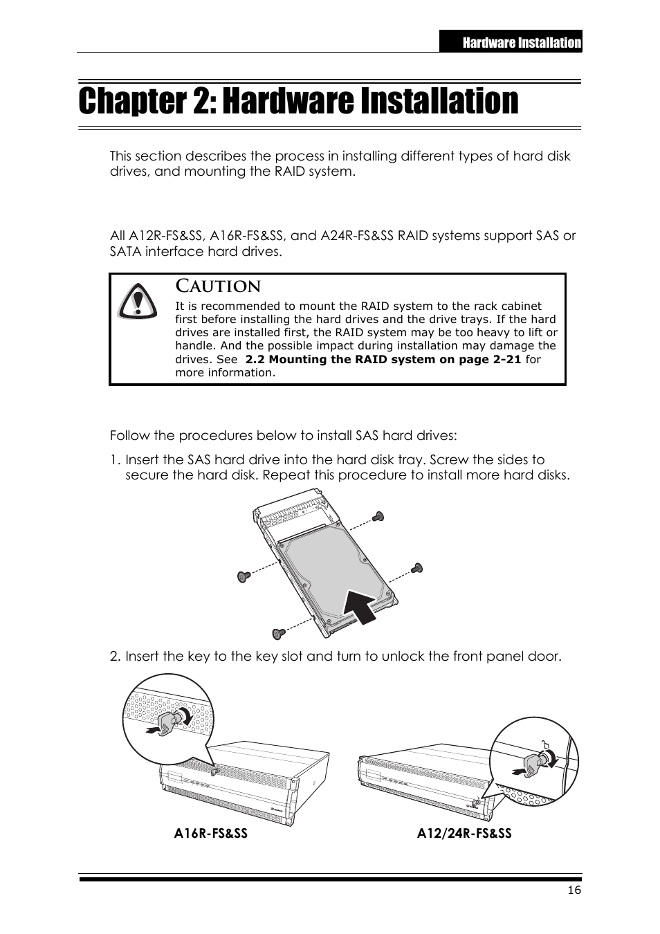 Chapter 2: hardware installation, 1 installing the hard disks, 1 sas hard disks | 8 installing the hard disks, Sas hard disks, Caution | Accusys ExaRAID A24U-SS User Manual | Page 23 / 53