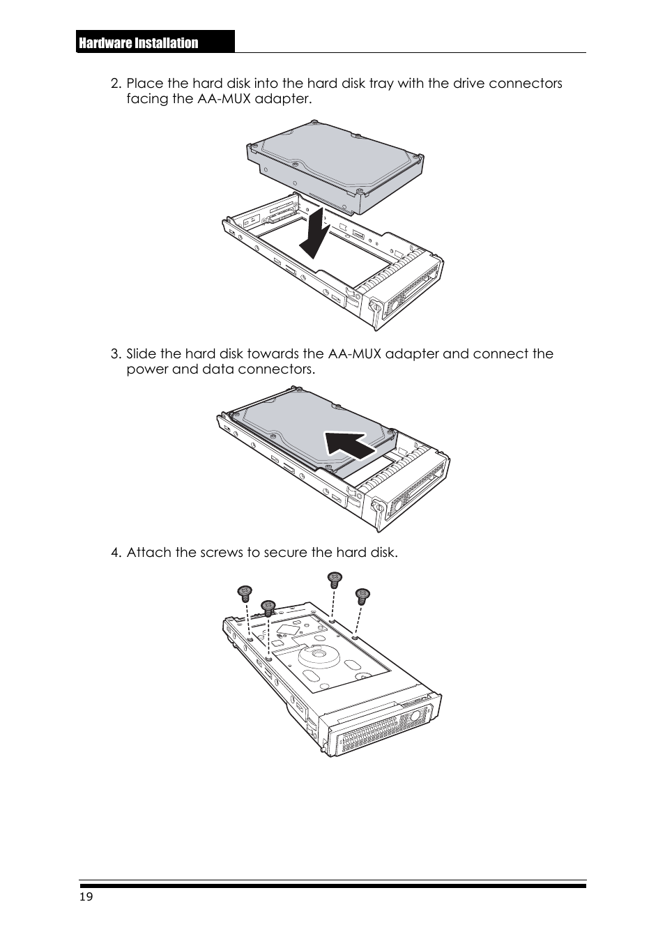 Attach the screws to secure the hard disk | Accusys ExaRAID A24U-SS User Manual | Page 26 / 53