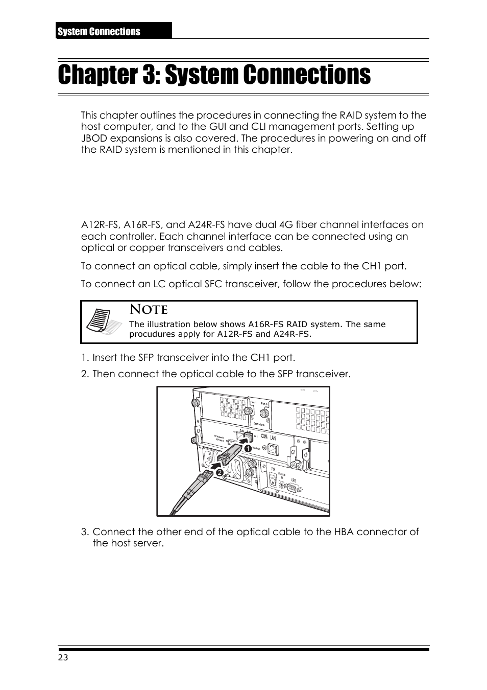 Chapter 3: system connections, 1 connecting to the host, Insert the sfp transceiver into the ch1 port | 10 connecting to the host | Accusys ExaRAID A24U-SS User Manual | Page 30 / 53