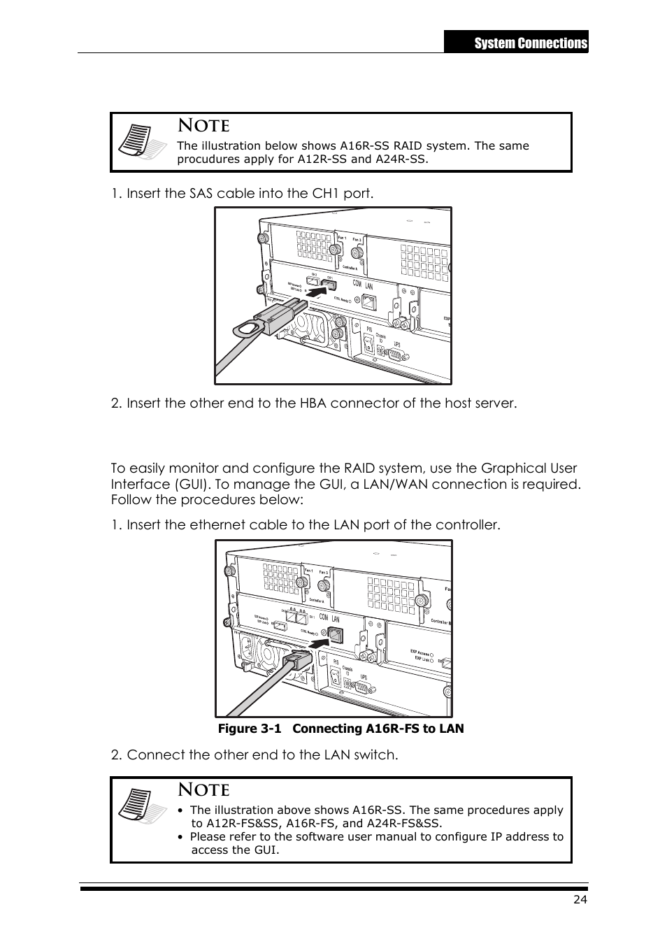 Insert the sas cable into the ch1 port, 2 connecting the gui management port, Figure 3-1 connecting a16r-fs to lan | Connect the other end to the lan switch, Connecting sas raid system controller to the host, 11 connecting the gui management port | Accusys ExaRAID A24U-SS User Manual | Page 31 / 53