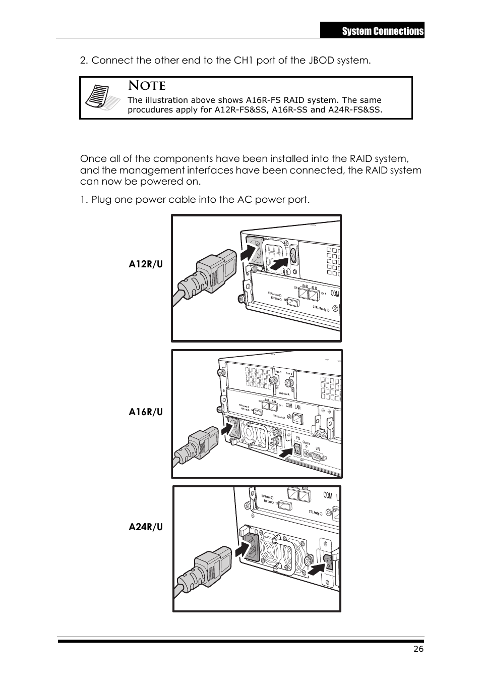 5 connecting and turning on the power, Plug one power cable into the ac power port, 14 connecting and turning on the power | Accusys ExaRAID A24U-SS User Manual | Page 33 / 53