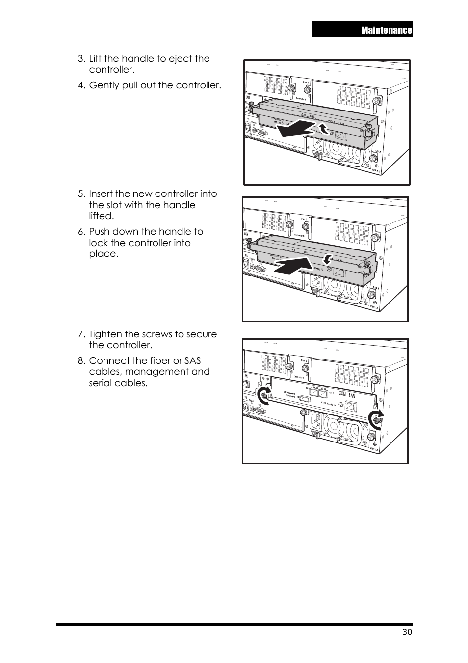 Lift the handle to eject the controller, Gently pull out the controller, Tighten the screws to secure the controller | Accusys ExaRAID A24U-SS User Manual | Page 37 / 53