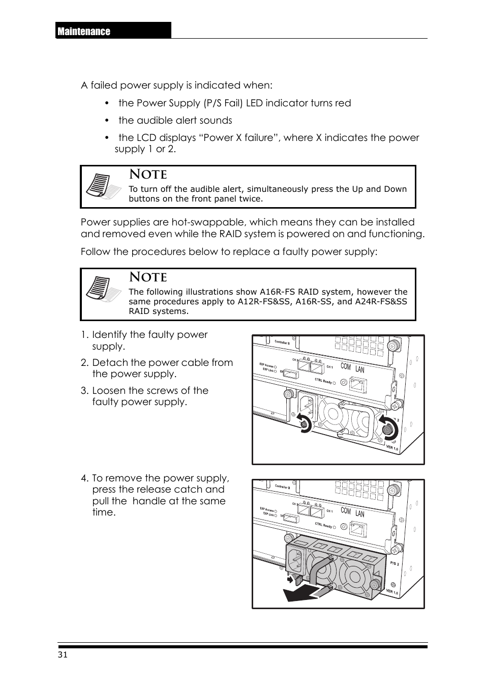 3 replacing a power supply, Identify the faulty power supply, Detach the power cable from the power supply | Loosen the screws of the faulty power supply, 17 replacing a power supply | Accusys ExaRAID A24U-SS User Manual | Page 38 / 53