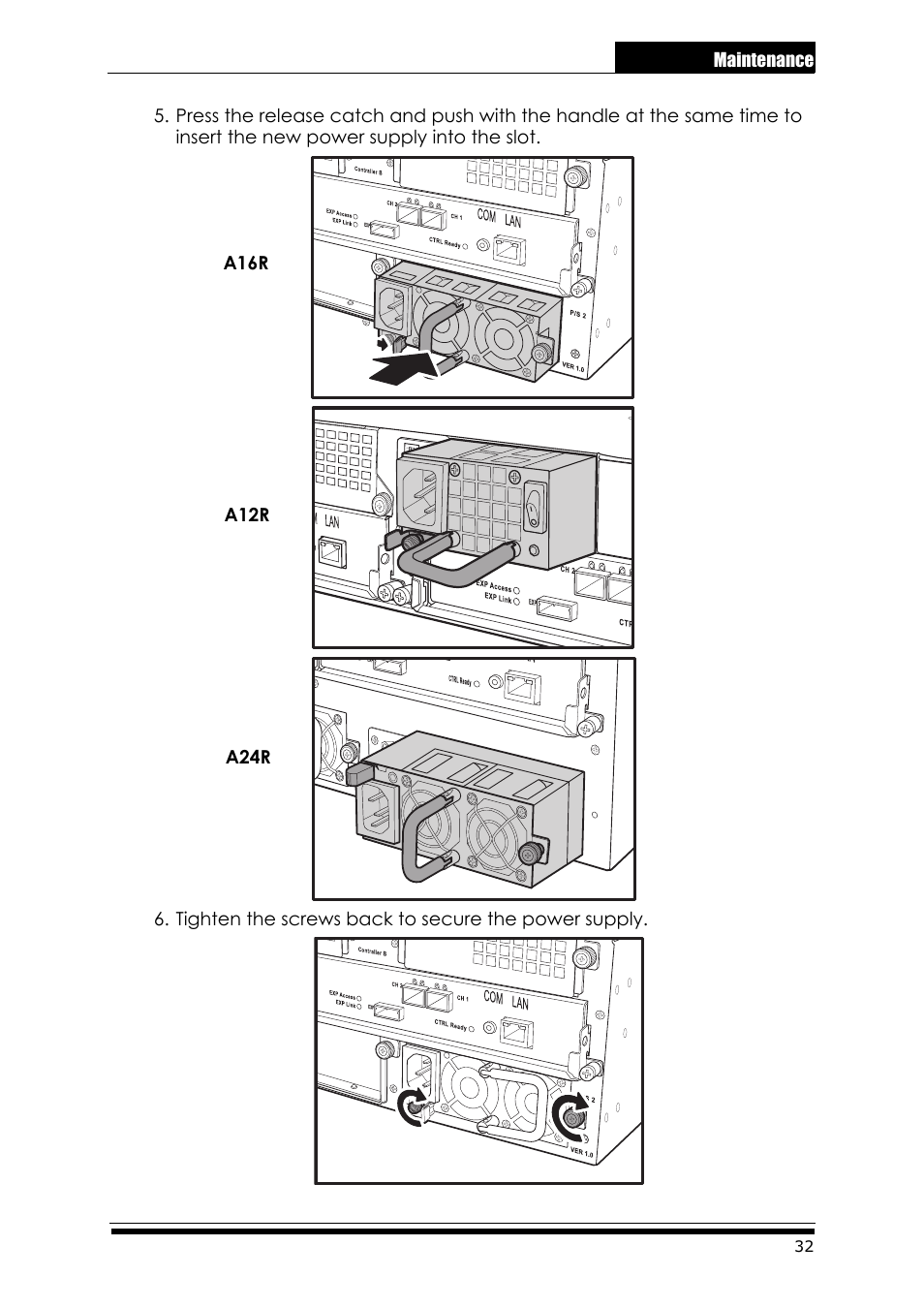 Tighten the screws back to secure the power supply, Maintenance | Accusys ExaRAID A24U-SS User Manual | Page 39 / 53