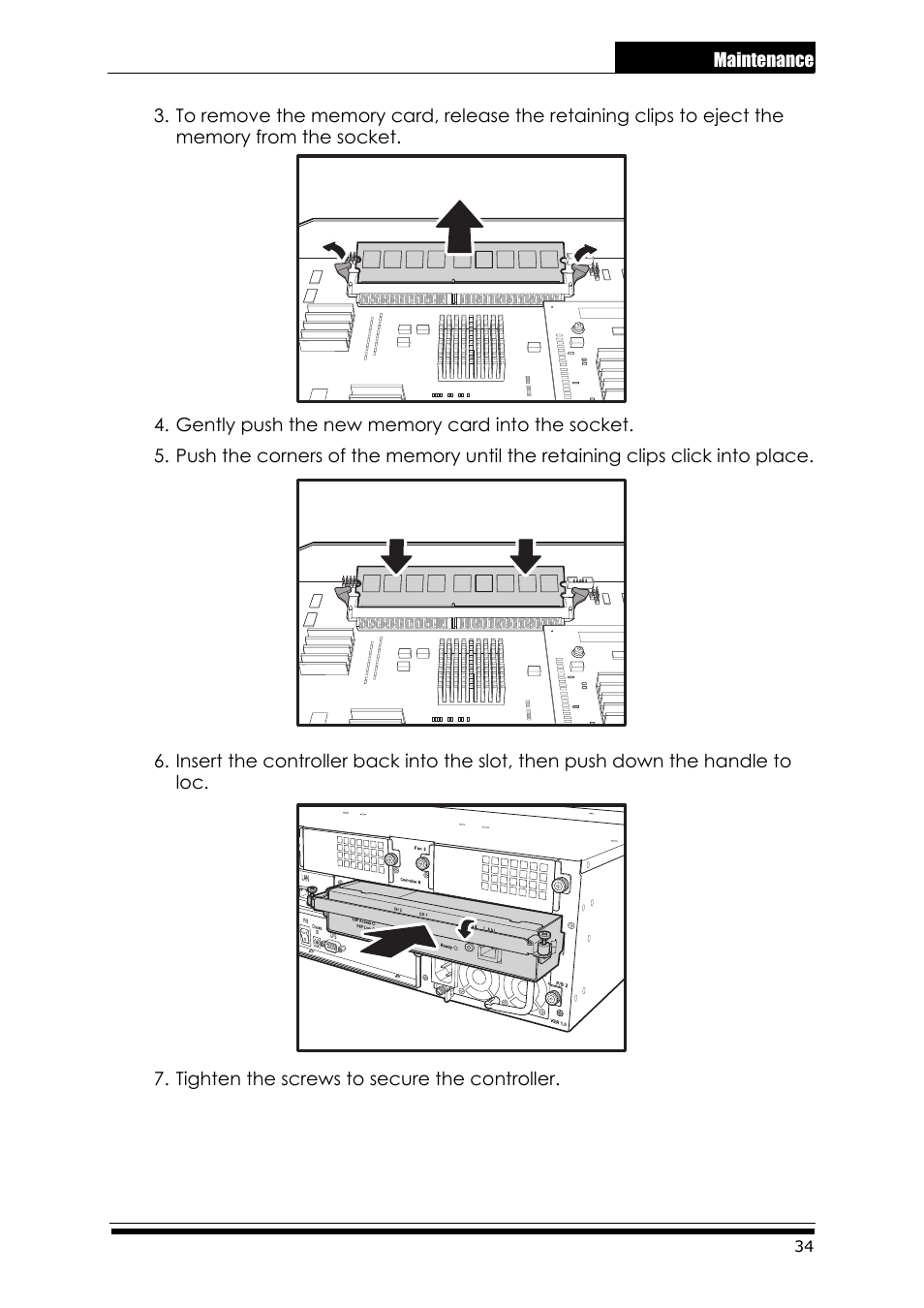 Gently push the new memory card into the socket, Tighten the screws to secure the controller | Accusys ExaRAID A24U-SS User Manual | Page 41 / 53