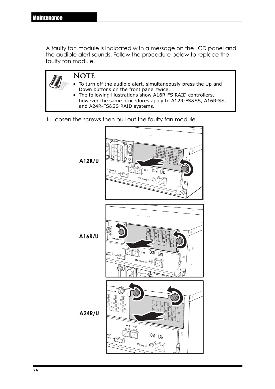 5 replacing a fan module, 19 replacing a fan module | Accusys ExaRAID A24U-SS User Manual | Page 42 / 53