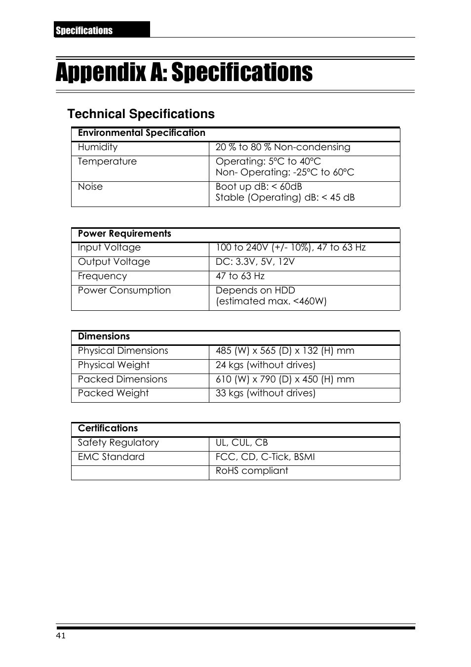 Appendix a: specifications, Technical specifications | Accusys ExaRAID A24U-SS User Manual | Page 48 / 53
