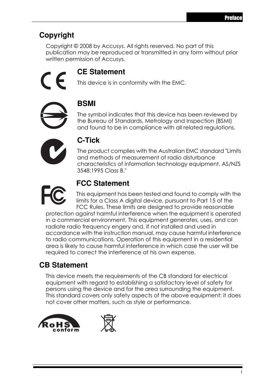 Copyright, Ce statement, Bsmi | C−tick, Fcc statement, Cb statement | Accusys ExaRAID A24U-SS User Manual | Page 5 / 53