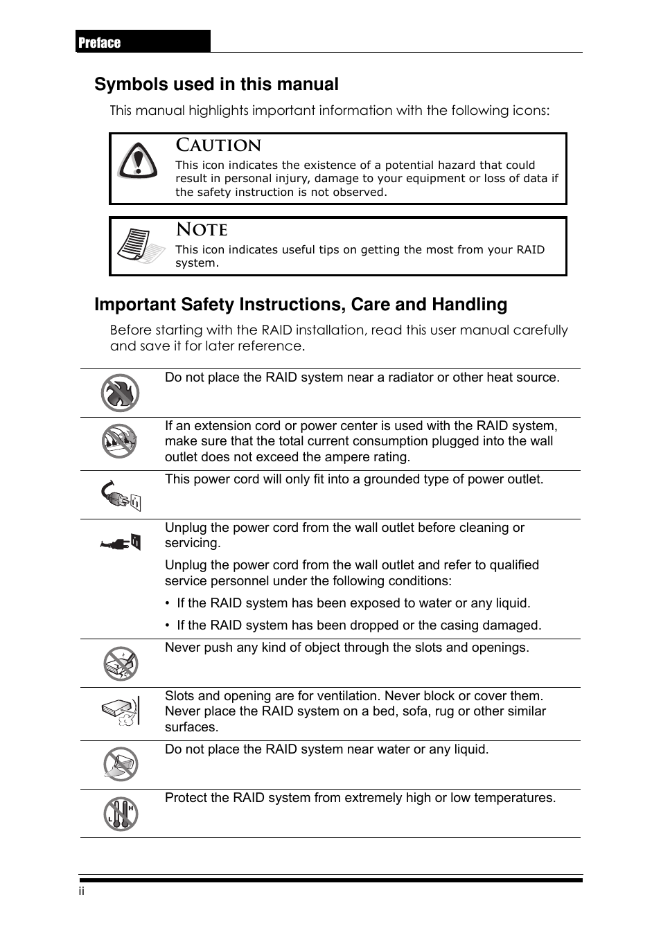 Symbols used in this manual, Important safety instructions, care and handling, Caution | Accusys ExaRAID A24U-SS User Manual | Page 6 / 53