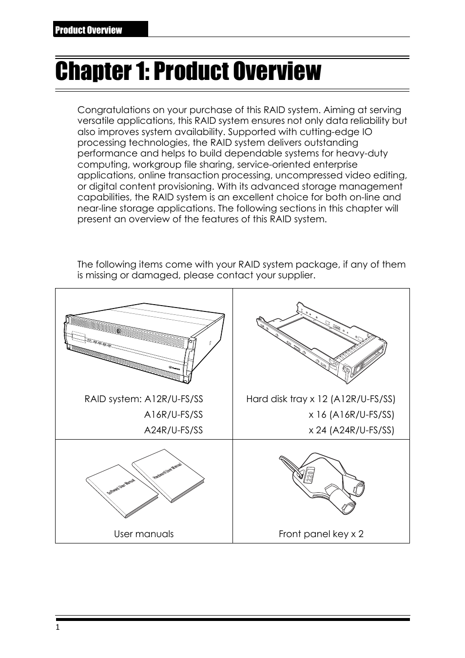 Chapter 1: product overview, 1 package contents | Accusys ExaRAID A24U-SS User Manual | Page 8 / 53