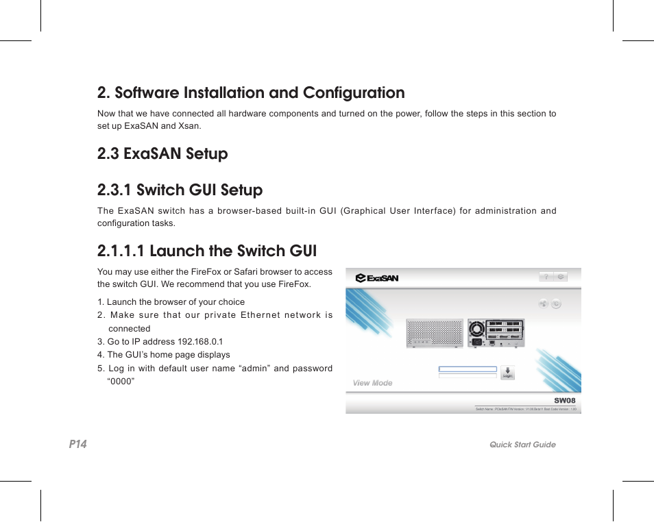 Software installation and configuration, 3 exasan setup 2.3.1 switch gui setup, 1 launch the switch gui | Accusys ExaSAN SW-08 User Manual | Page 16 / 40