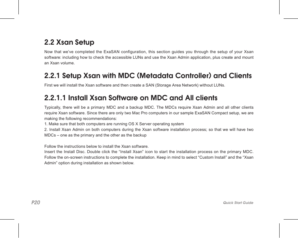 2 xsan setup, 1 install xsan software on mdc and all clients | Accusys ExaSAN SW-08 User Manual | Page 22 / 40