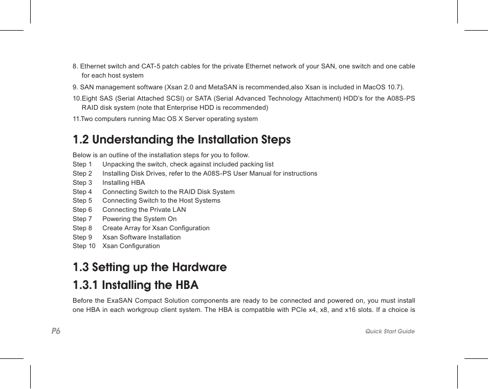 2 understanding the installation steps, 3 setting up the hardware 1.3.1 installing the hba | Accusys ExaSAN SW-08 User Manual | Page 8 / 40