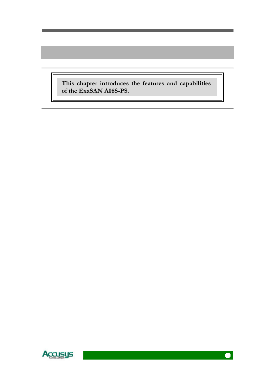 Chapter 1 overview, Chapter 1 | Accusys ExaSAN A08S-PS User Manual | Page 7 / 38