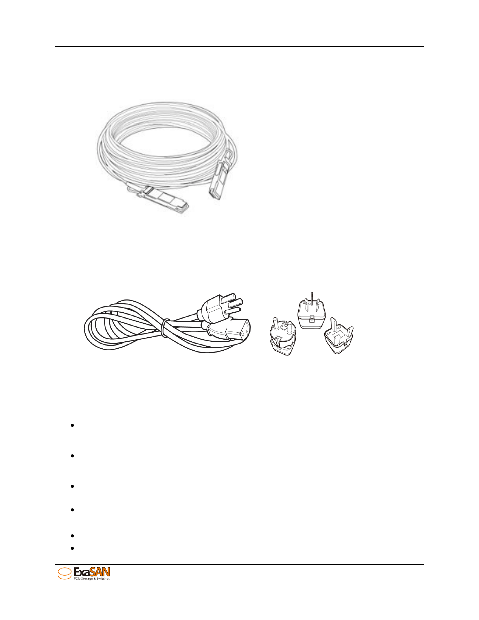 5 power cord & power convertors, 4 key features of swf16, Power cord & power convertors | Key features of swf16, Figure 6: qsfp optical cable, Figure 7: power cord & power converters | Accusys ExaSAN SWF16 User Manual | Page 15 / 107