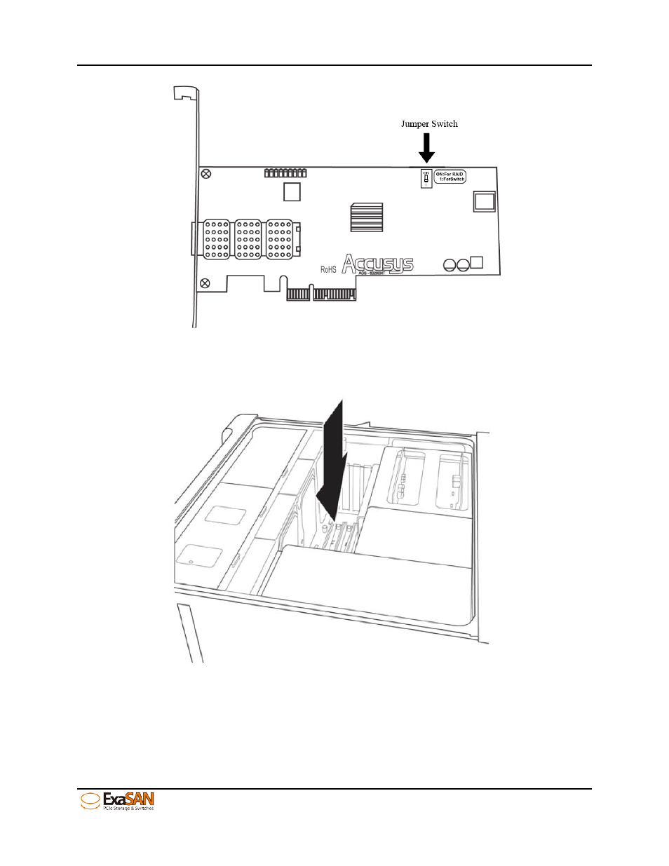 Figure 15: hba card’s jumper switch, Figure 16: install hba card | Accusys ExaSAN SWF16 User Manual | Page 34 / 107