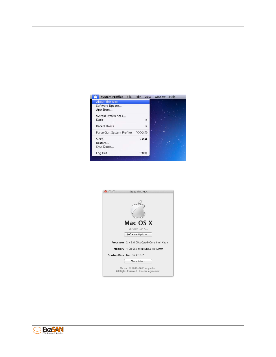 3 confirm the exasan raid system driver on os, 1 confirming the exasan raid system driver on mac, Confirm the exasan raid system driver on os | Confirming the exasan raid system driver on mac, Figure 33: to click about this mac, Figure 34: about this mac | Accusys ExaSAN SWF16 User Manual | Page 45 / 107