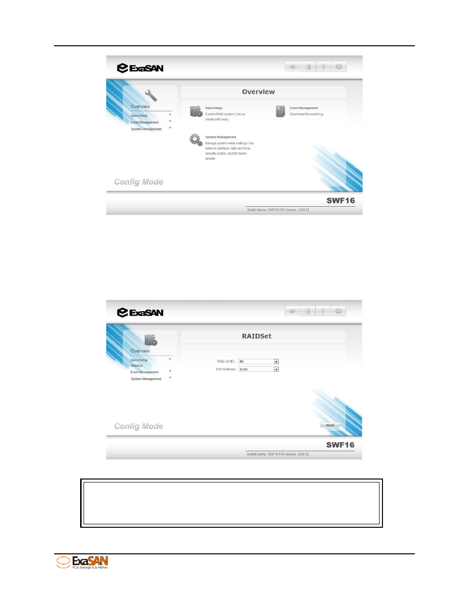 2 creating arrays by swf16 – “quick setup, Creating arrays by swf16 – “quick setup, Figure 42: overview menu of exasan switch web gui | Accusys ExaSAN SWF16 User Manual | Page 53 / 107