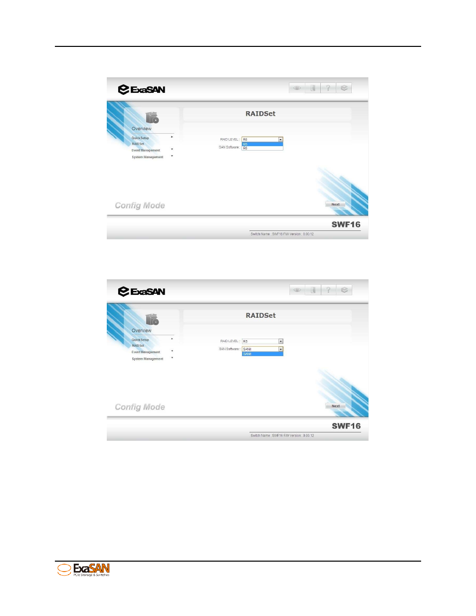 Figure 44: choosing raid level – r5, Figure 45: choosing san software – sanit | Accusys ExaSAN SWF16 User Manual | Page 54 / 107