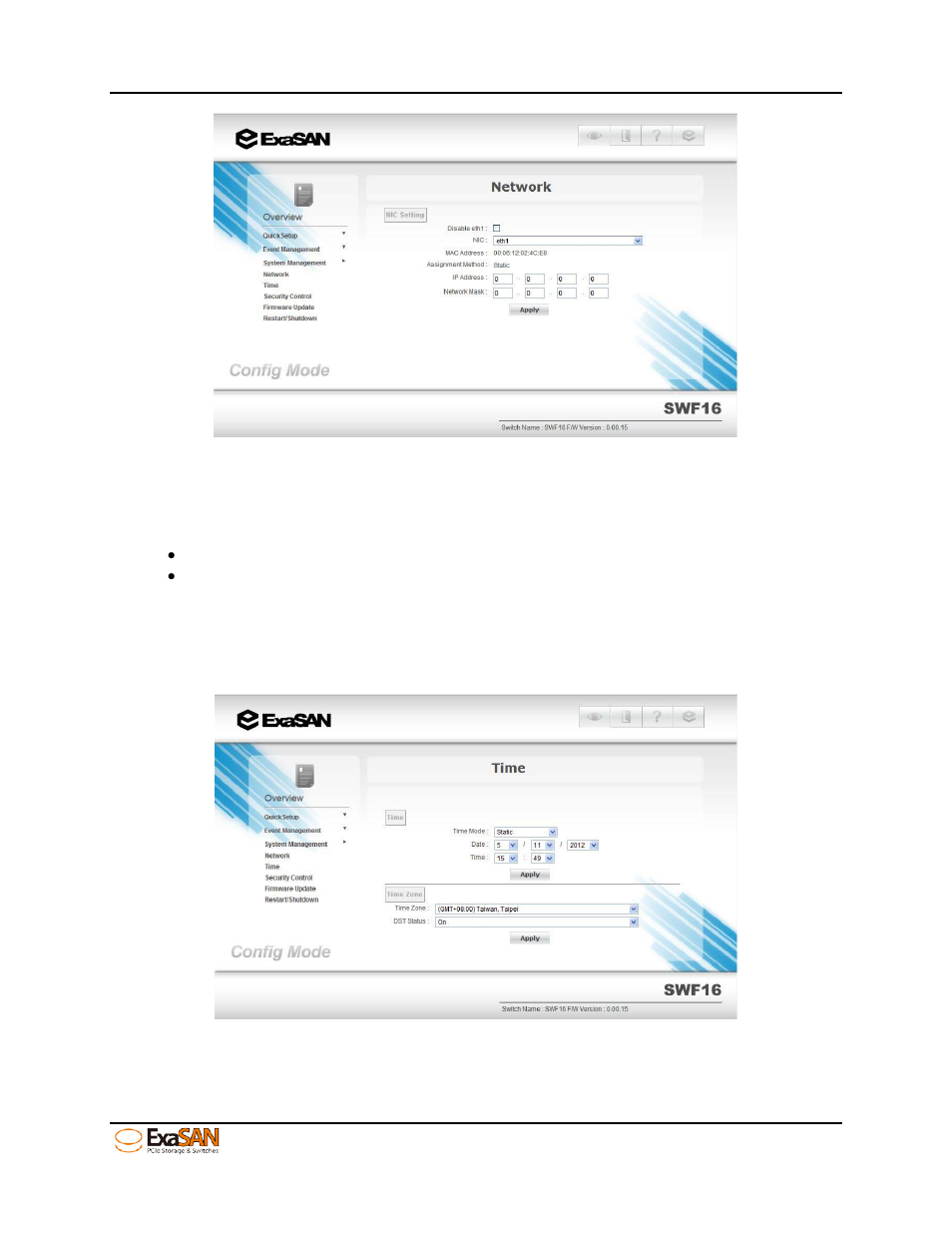 2 changing swf16 time – “time, 1 static, Changing swf16 time – “time | Static, Figure 54: “eth1” setting, Figure 55: “time” - static | Accusys ExaSAN SWF16 User Manual | Page 60 / 107