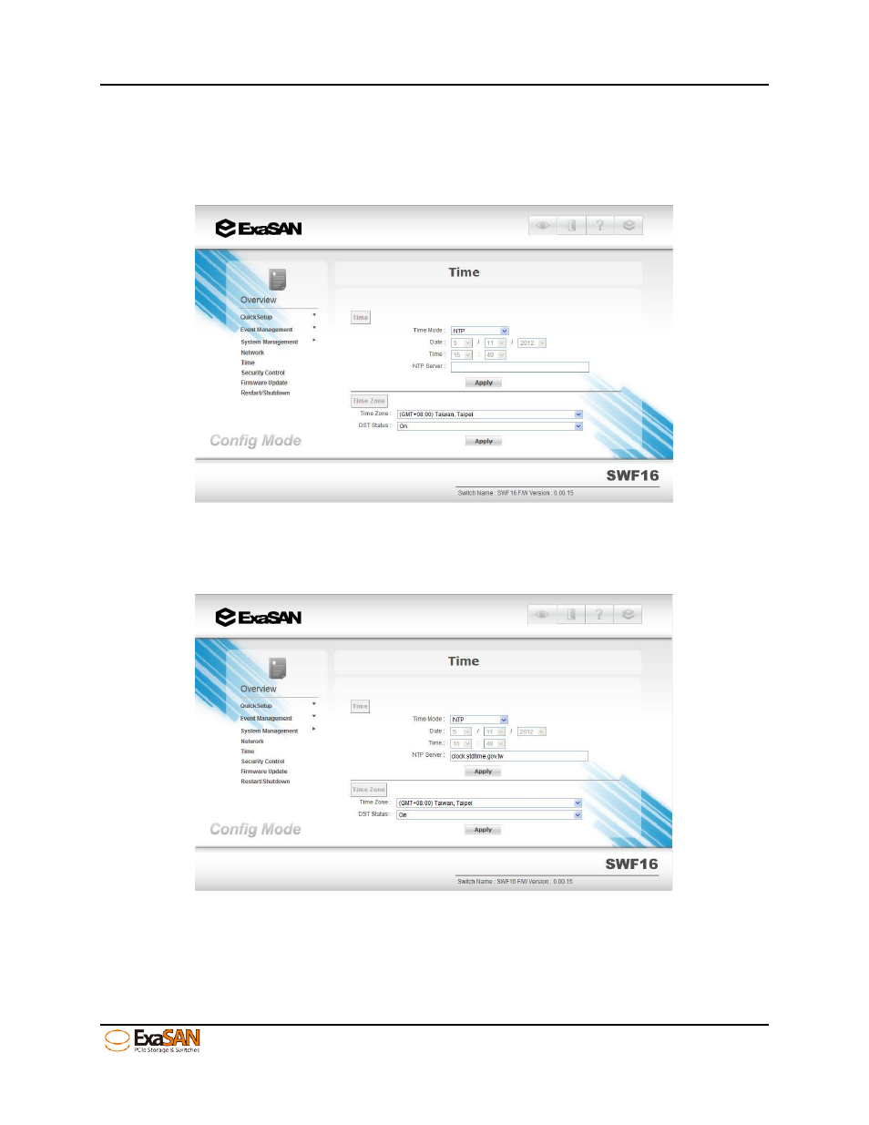 2 ntp, Figure 56: “time” - ntp, Figure 57: “time” – setup ntp server | Accusys ExaSAN SWF16 User Manual | Page 61 / 107