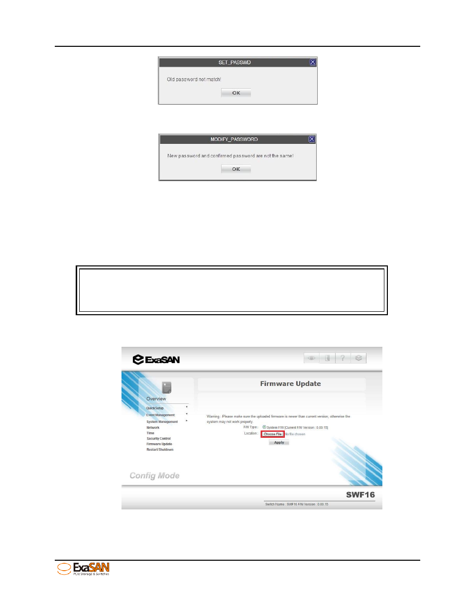 4 firmware update, Firmware update, Figure 60: old password not match | Figure 61: new password not the same, Figure 62: firmware update | Accusys ExaSAN SWF16 User Manual | Page 63 / 107