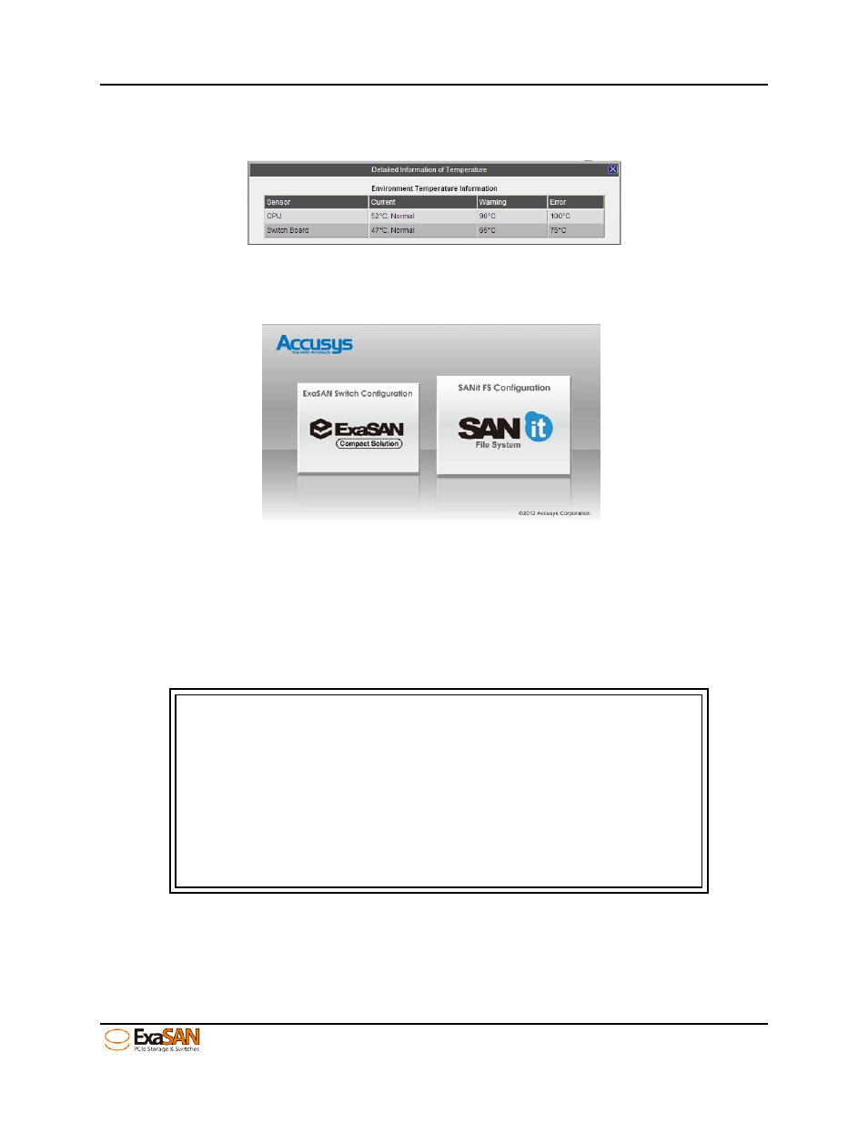 6 sanit fs configuration, Sanit fs configuration, Figure 74: temperature | Figure 75: click sanit fs | Accusys ExaSAN SWF16 User Manual | Page 69 / 107