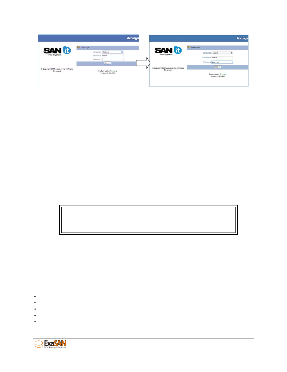 1 import license, 1 get official license for more clients, Import license | Get official license for more clients, Figure 76: login sanit fs | Accusys ExaSAN SWF16 User Manual | Page 70 / 107