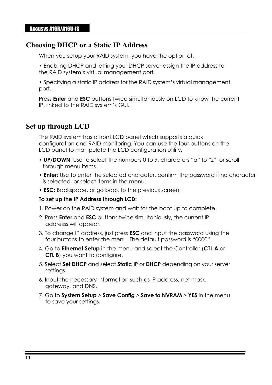 Choosing dhcp or a static ip address, Set up through lcd | Accusys ExaRAID A16U-IS User Manual | Page 13 / 40