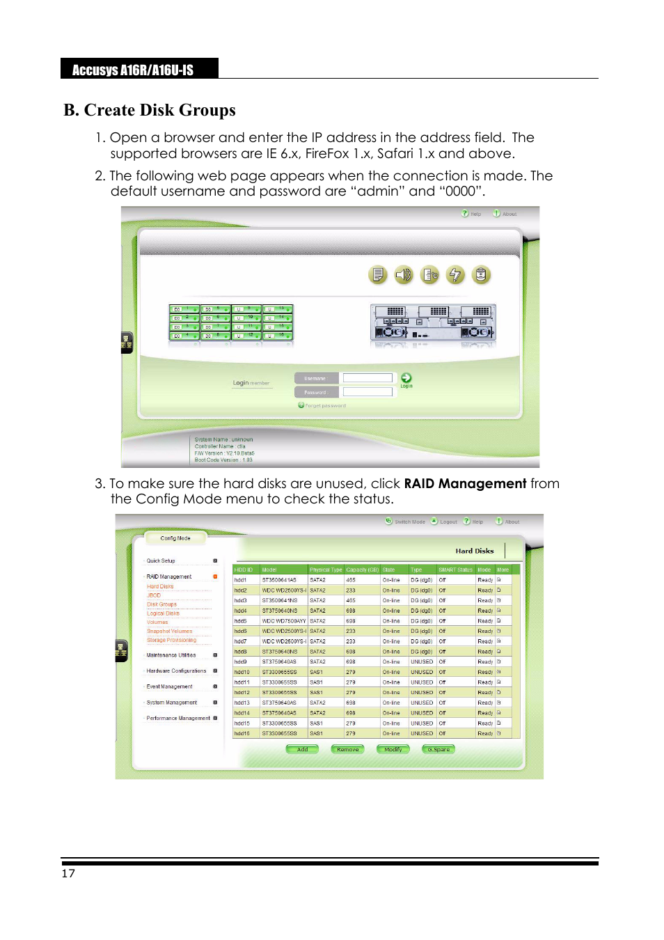 B. create disk groups | Accusys ExaRAID A16U-IS User Manual | Page 19 / 40